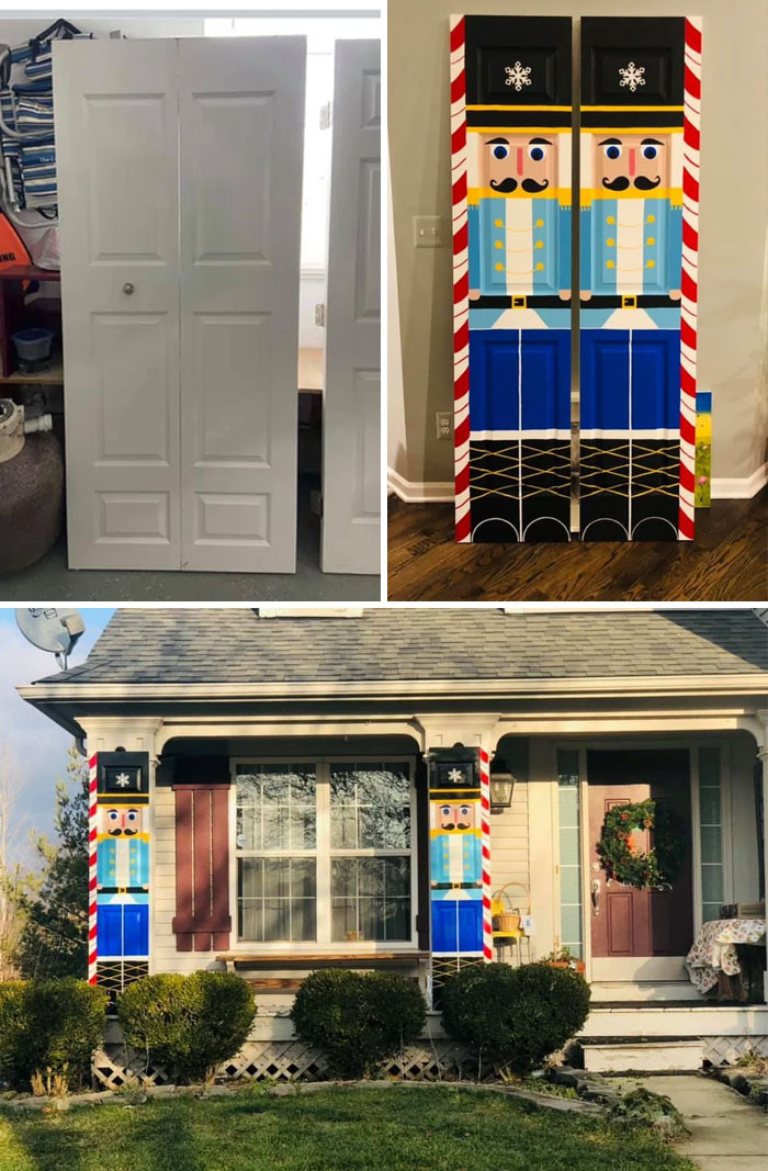 15. They repurposed free bifold doors into hand-painted holiday decor for their front porch.