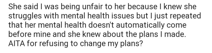 Now she's accusing OP of being unfair to her