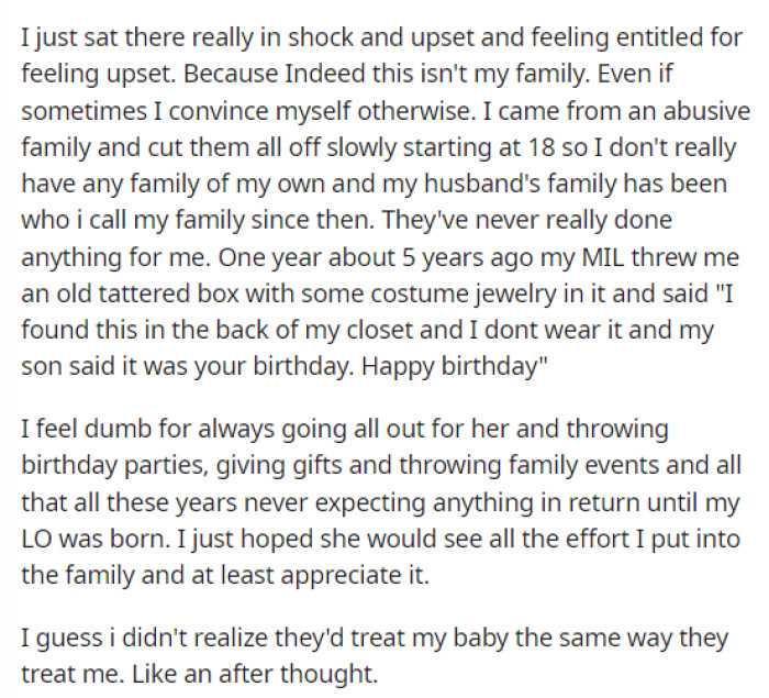 She explains her personal life as well to provide more context as to why she wants to love her in-laws and that family because she doesn't have her own.