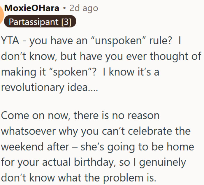 Unspoken birthday rules don't count if no one knows about them