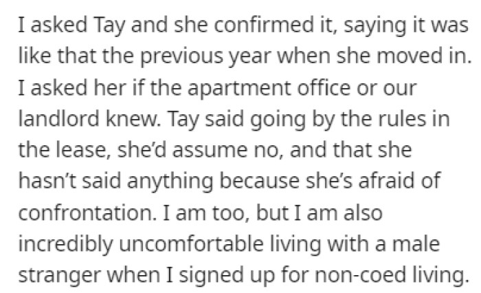 There were no issues until OP realized that Dave was living with them, even though the apartment is non-coed