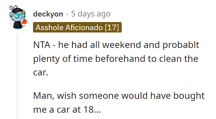 Weekend warrior had all the time, yet missed the clean-car train. Ah, the envy of car-gifting dreams at 18...