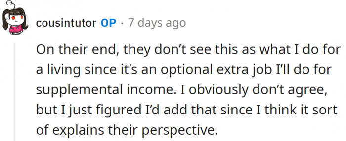 But that is her job; why would she give up her earnings?