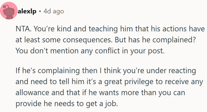 They see a fair parent, not a petty one, and argue that even a small allowance is a privilege, not a right.