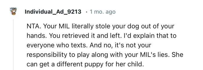 “MIL is the instigator of this whole scenario. She had no right to presume she could take your puppy and give it away to SIL.”