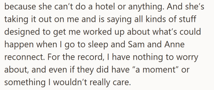 The tension grows as Rachel starts implying that Sam and Ann might reconnect, hoping to provoke a reaction.