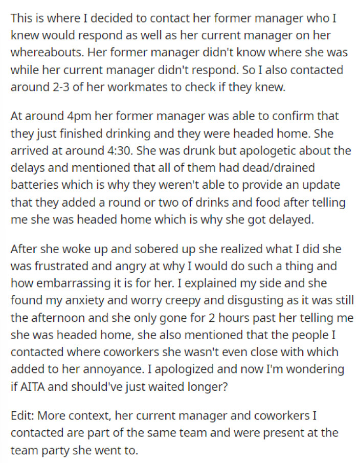 He then goes into detail about the fact that he contacted her former manager to get more information on where she was.