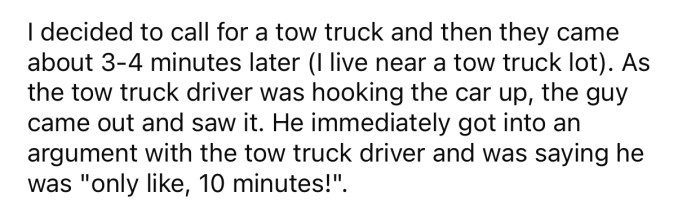 OP ended up calling a tow truck and had the stranger's car towed.