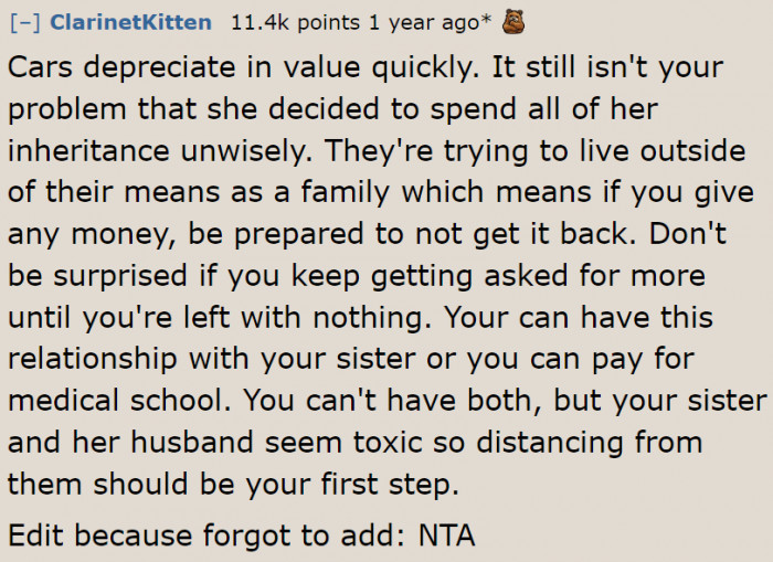 The sister could've saved the money for her husband.