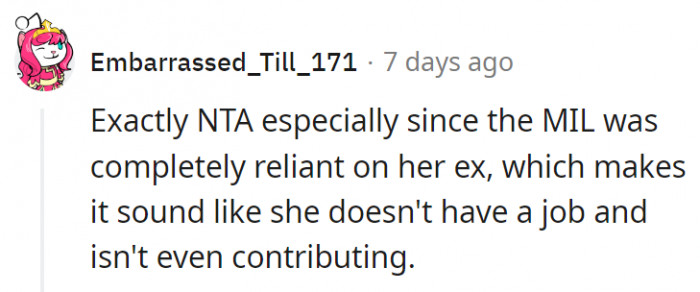 2. She was reliant on her ex and is now trying to be reliant on other people.