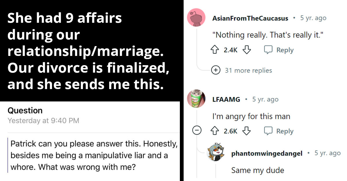 Stunned Wife Believes Her Nine Affairs and Manipulative Behavior Are Insufficient Grounds for Divorce