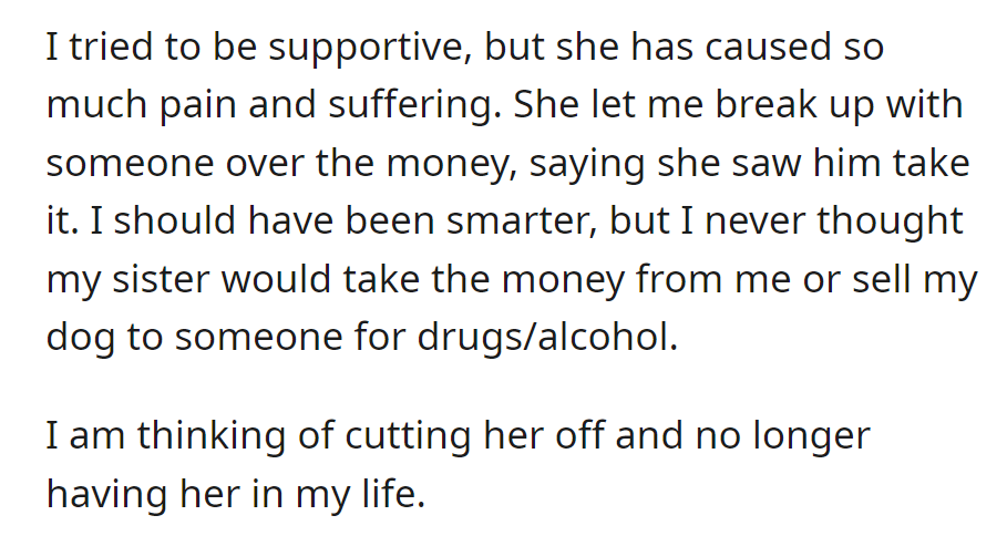 OP feels betrayed by Luna's actions and considers cutting her off from their life.