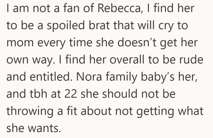 His opinion of Rebecca is already set and quite strong. It sounds like this tension did not start with the baby name conversation.