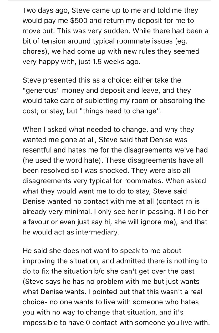 Steve and Denise want OP gone from their shared apartment due to some disagreements