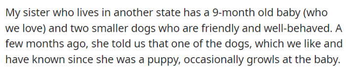 In another state, OP's sister has a 9-month-old baby and two well-behaved smaller dogs.