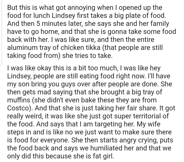 Lindsey tried taking home the entire tray of chicken. But OP wasn't going to let that happen right under their nose
