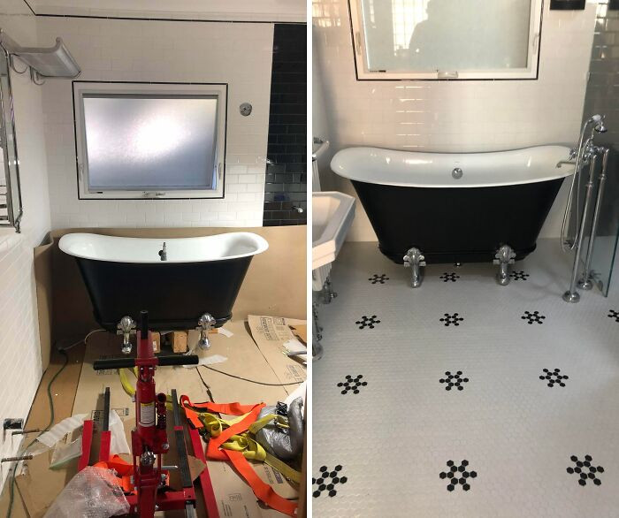 "Bought A Motorcycle Lift To Position Tub In Place For Plumber…"