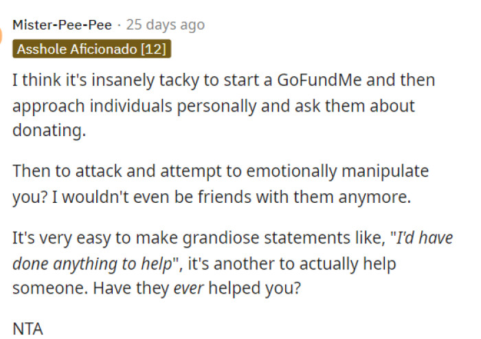 People immediately were on OP's side and kind of cringed at the fact that she asked him for a donation.