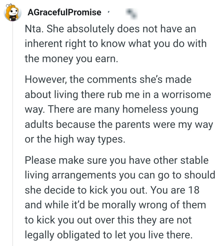 The OP should have other stable living arrangements