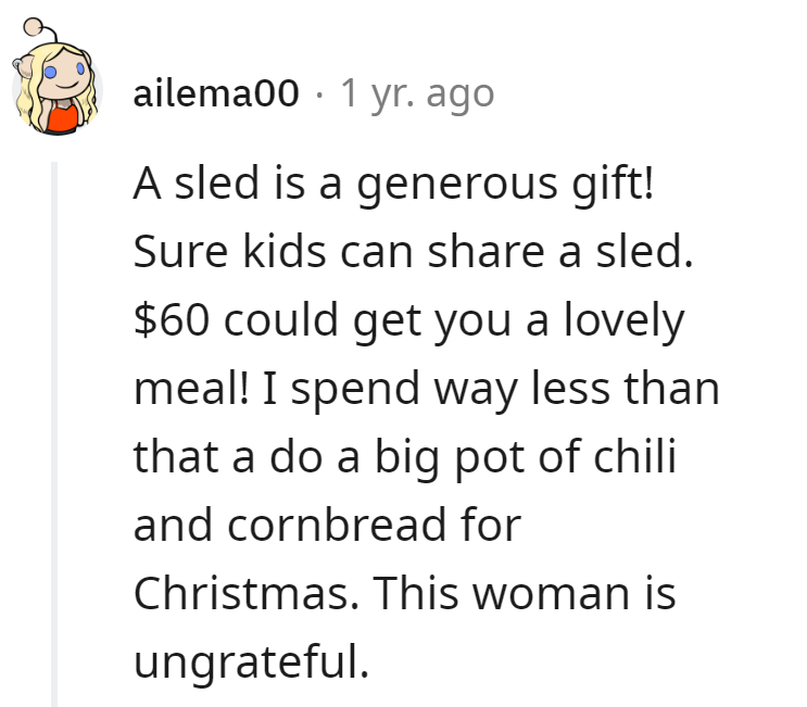 Sled: the modern-day olive branch. $60 for goodwill, but ungrateful vibes persist. Time for a chili intervention!