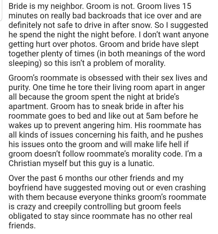 The couple has to sleep together to ensure neither misses the shoot. But there's one problem: the groom's religious roommate