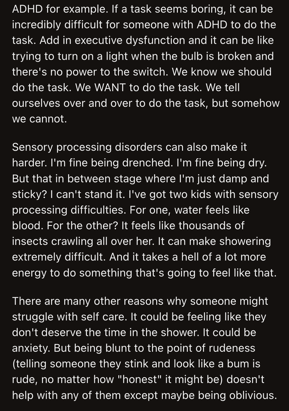 Her poor hygiene could have been caused by an underlying condition. OP could have been more empathetic and asked if she was doing okay.