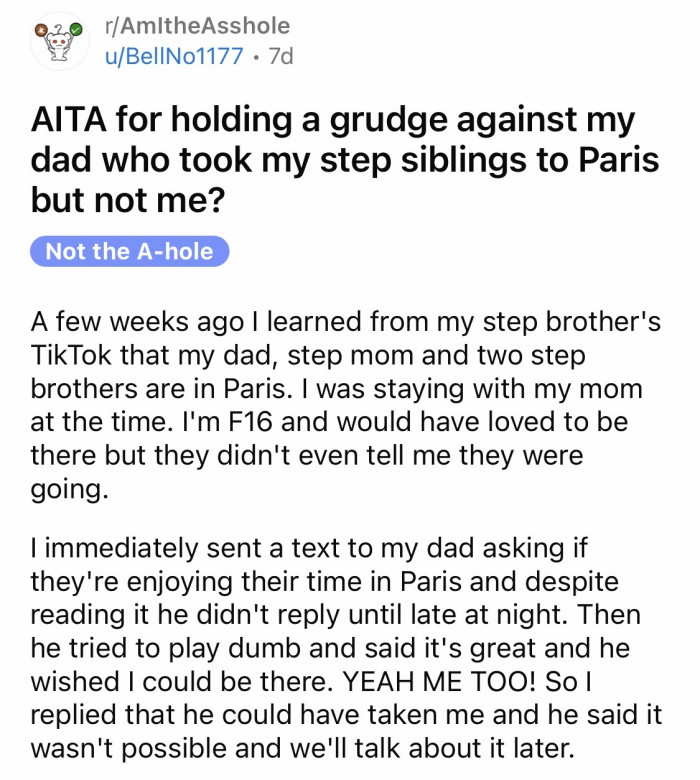 OP shared how she knew that her dad with her step mom and step brothers had a vacation without her knowing.