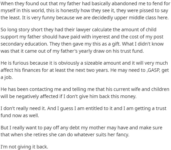 When OP's grandparents discovered that her father had essentially abandoned her, they were infuriated