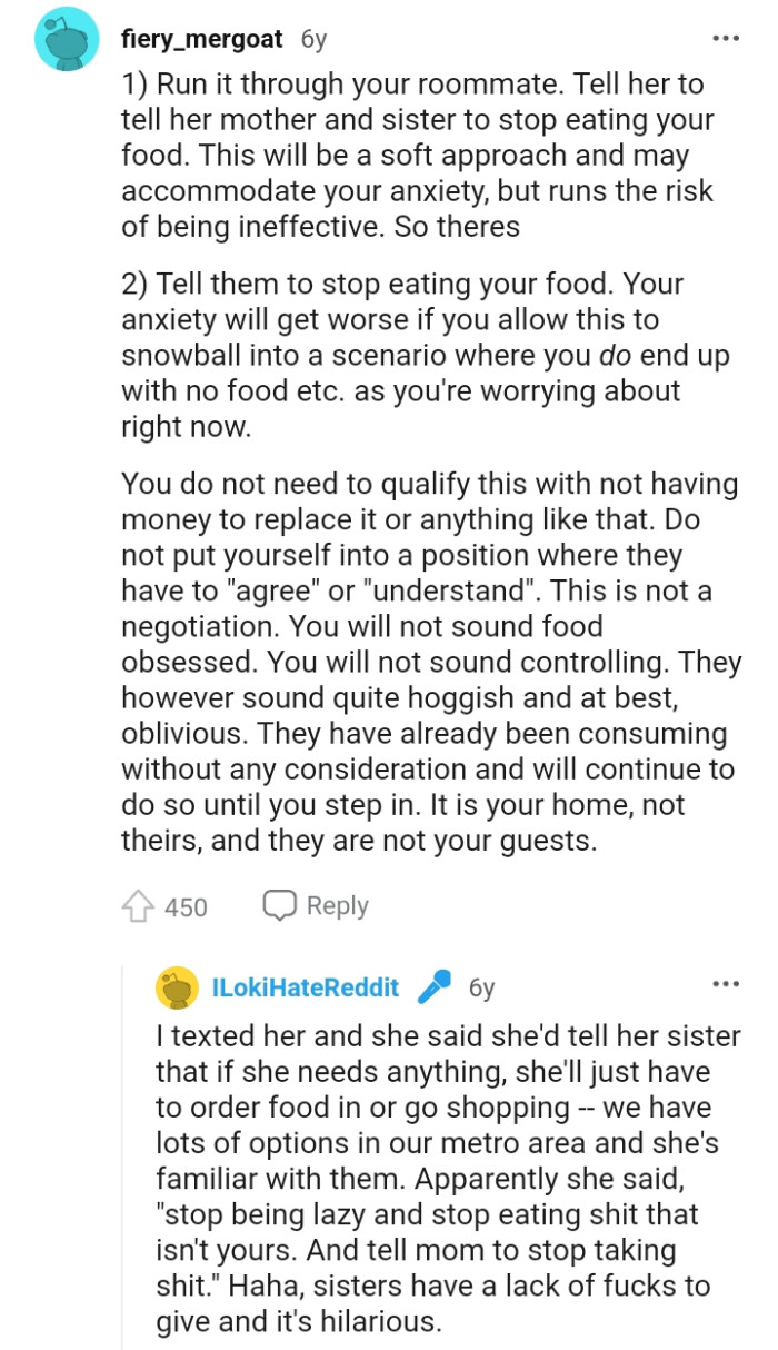 Telling them to stop eating her food