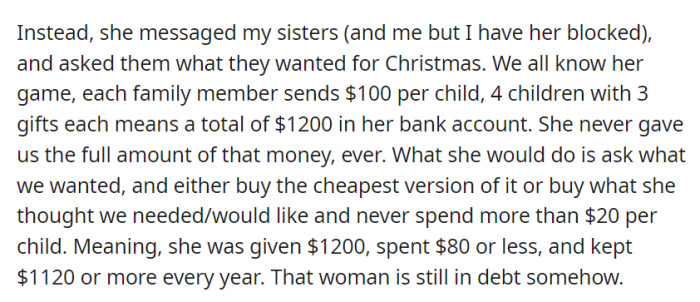 Instead of dividing the $1200 Christmas money fairly, OP's mother bought cheap gifts and pocketed the majority, remaining in debt while her children received far less.