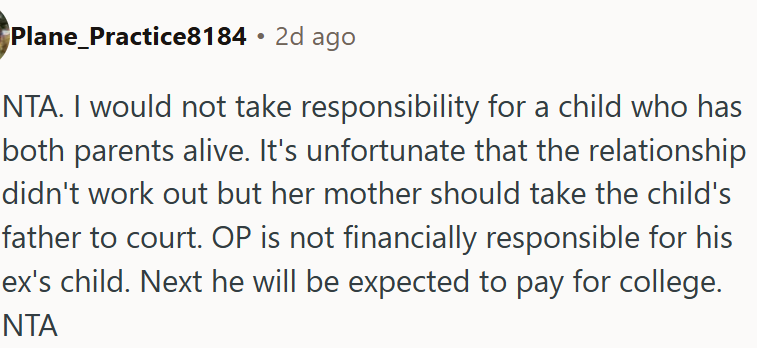Not wrong for refusing to support an ex’s child who has living parents.