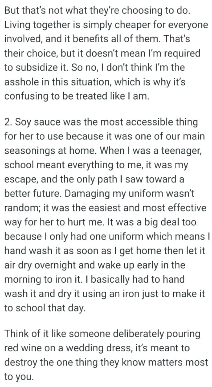 The OP only had one uniform which means she had to hand wash it as soon as she got home