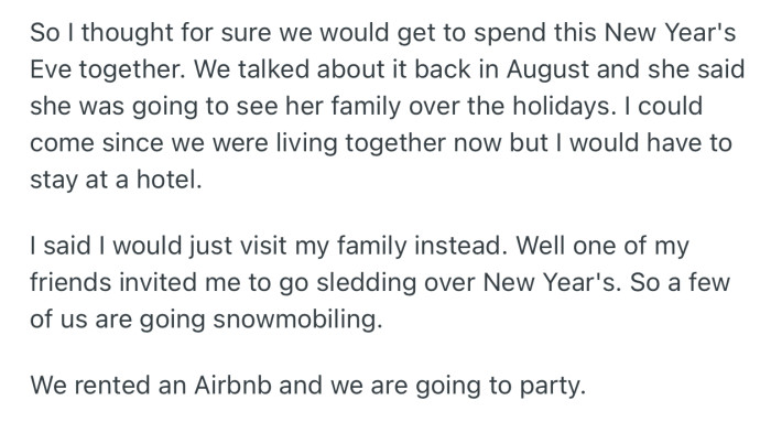 Since OP’s girlfriend was adamant about being sith her family during the holidays, he decided to go sledding with a friend. Best of all, they rented an Airbnb and also partied