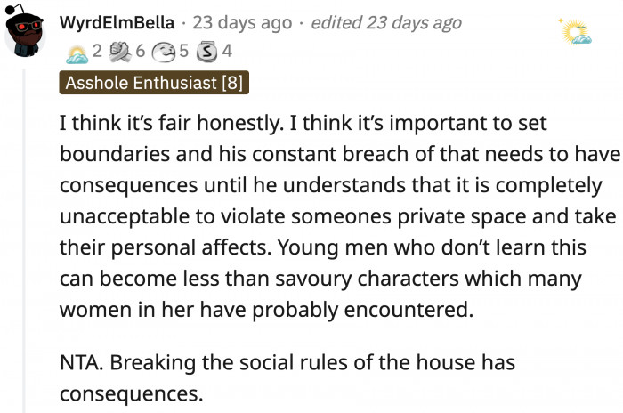 The top comment thinks what OP did was fair. The stepson's behavior escalated when he stole his sister's diary, and the consequence should reflect that.