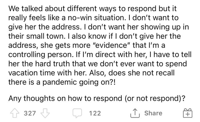The OP doesn't want to give her MIL the address, so she turned to the Reddit community for advice on how to respond.