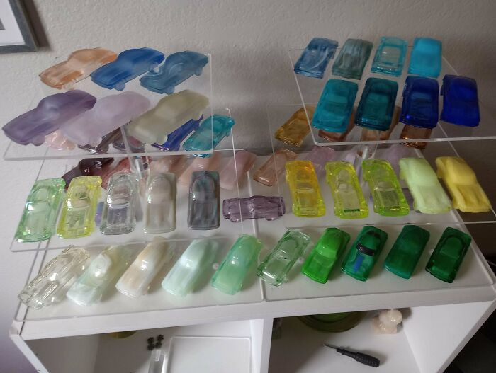 "My Collection Of Glass 1963 Split Window Corvettes. I Have 50 Colors Produced. Some Glow Under Black Light"