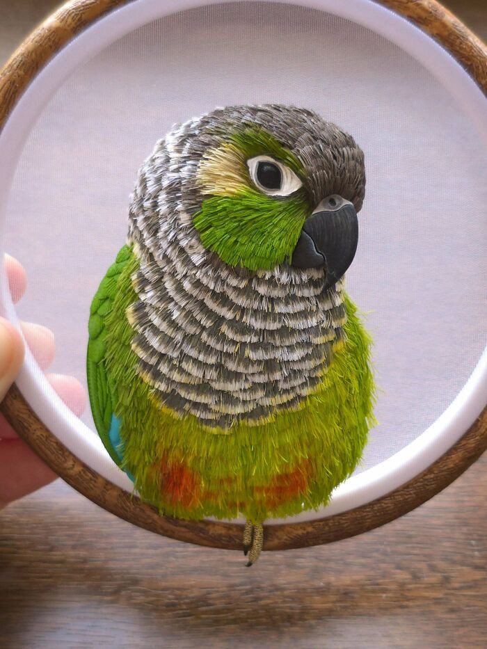 "My Sculpture Of A Conure, Which I Made From Several Hundred Eva Foam Feathers"