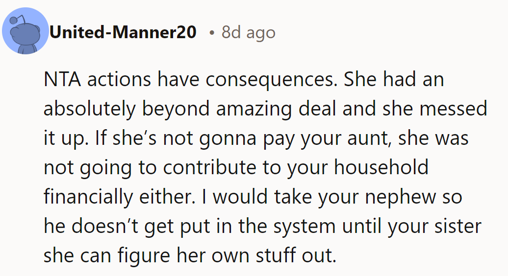 NTA. Actions have consequences. She blew a great deal and won’t contribute. Help the nephew, not the mess.