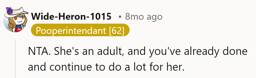 NTA. She's an adult; the speaker's already done plenty.