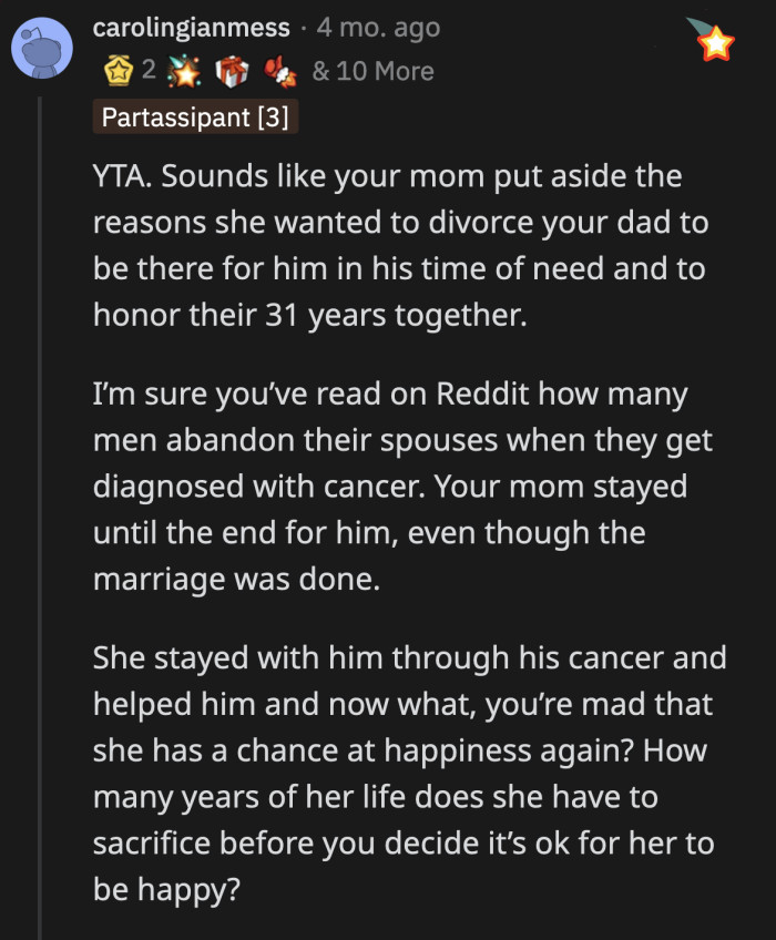 Redditors reminded OP that her mom selfishly let go of her issues with OP's dad to take care of him