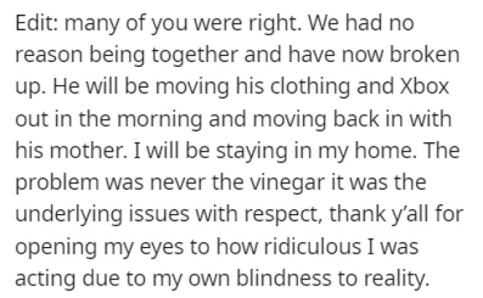 OP provided an update to the story, saying that she listened to the advice other Redditors gave her and broke up with her boyfriend