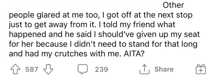 Now the OP is wondering if they were the a**hole here since their friend also said they should have given up the seat.