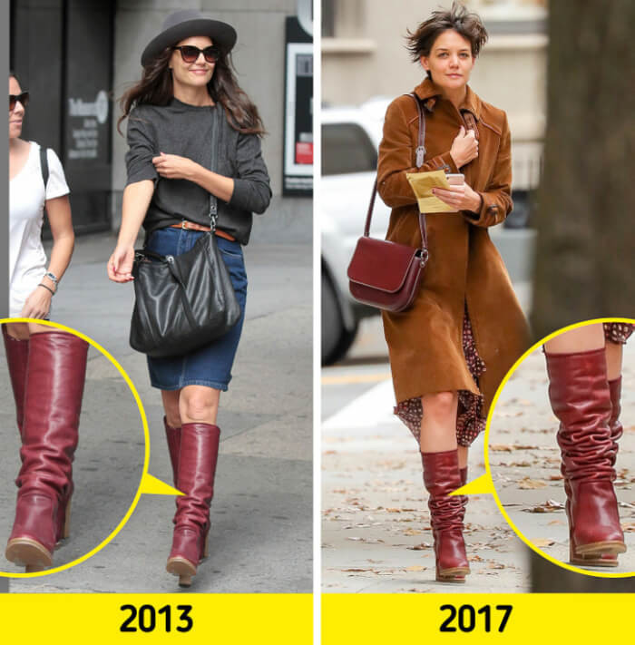 6. Katie Holmes’ dark red boots haven’t changed much over the years.