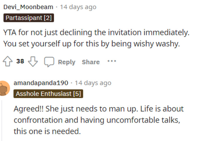 People were a little conflicted in the comments, but this one claimed that she was the asshole for this.