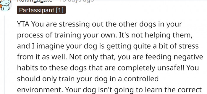OP is stressing out the other dogs in the process of training their own.