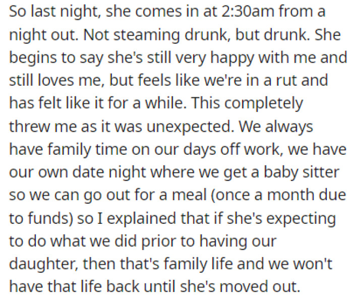 One night, OP's wife came home from a night out saying that she felt like they were in a rut