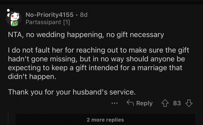 The marriage never happened, and the SIL should not be expecting gifts.