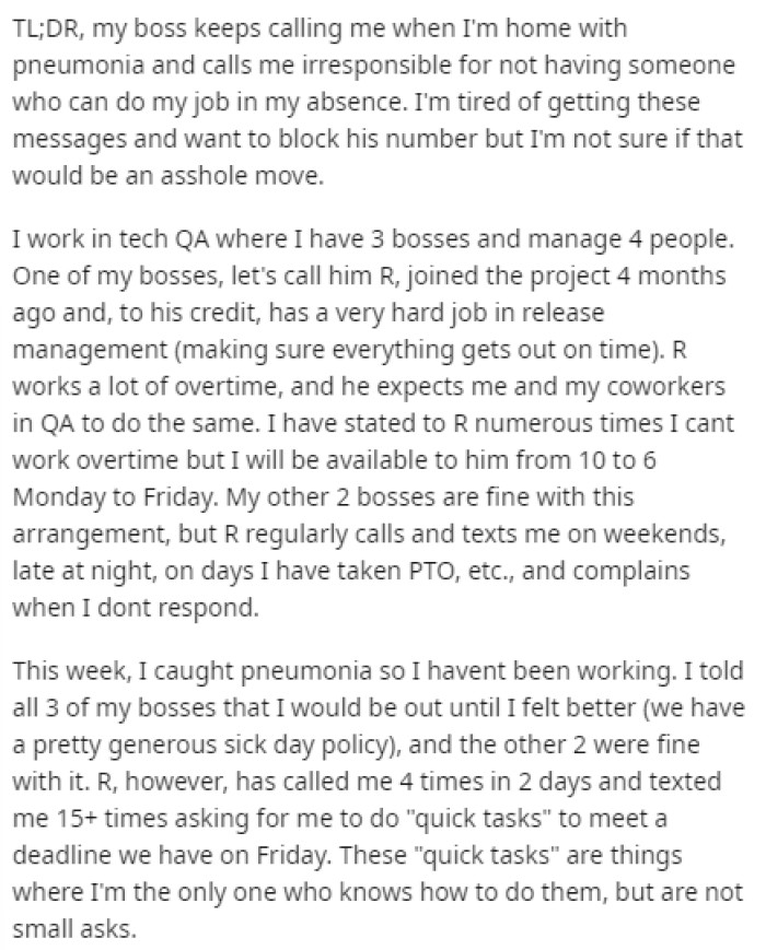 OP gives details on how this situation has been an ongoing issue for a while, but this is where the boss is really overstepping.