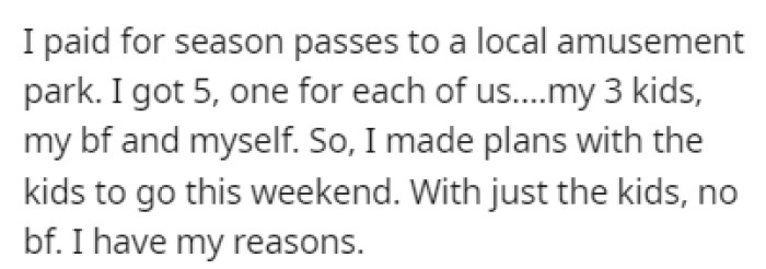 OP paid for season passes to a local amusement park for her 3 kids and her boyfriend
