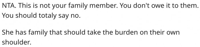 15. She owes the elderly neighbor nothing.